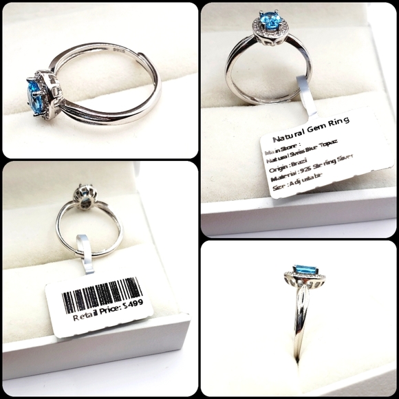 Natural Swiss Blue Topaz Sterling Silver Diamond Halo Ring - Picture 2 of 5